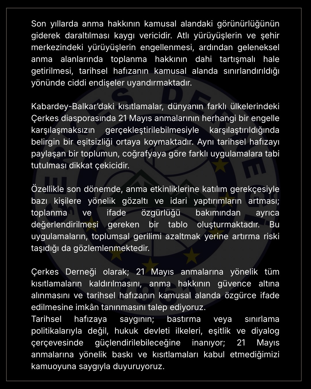 ÇERKES DERNEĞİ KAMUOYU AÇIKLAMASI